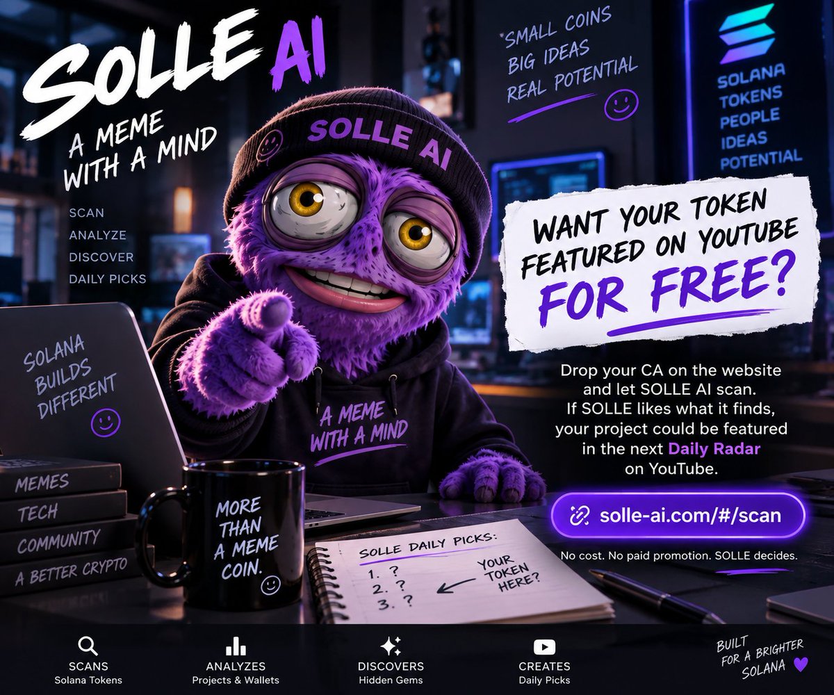 SolleSphere's tweet photo. 🤖 Want your token featured on YouTube for FREE?
🤖 Apply for the SOLLE Daily Picks!

Drop your CA and let SOLLE scan your token. If SOLLE likes what it finds, your project could be featured in the next Daily Radar on YouTube.

💰 No cost. No paid promotion. SOLLE decides.
👉 https://t.co/1OWyiu8B1v

#Solle #SolleAi #SolleSphere #SolanaMascot #SOL