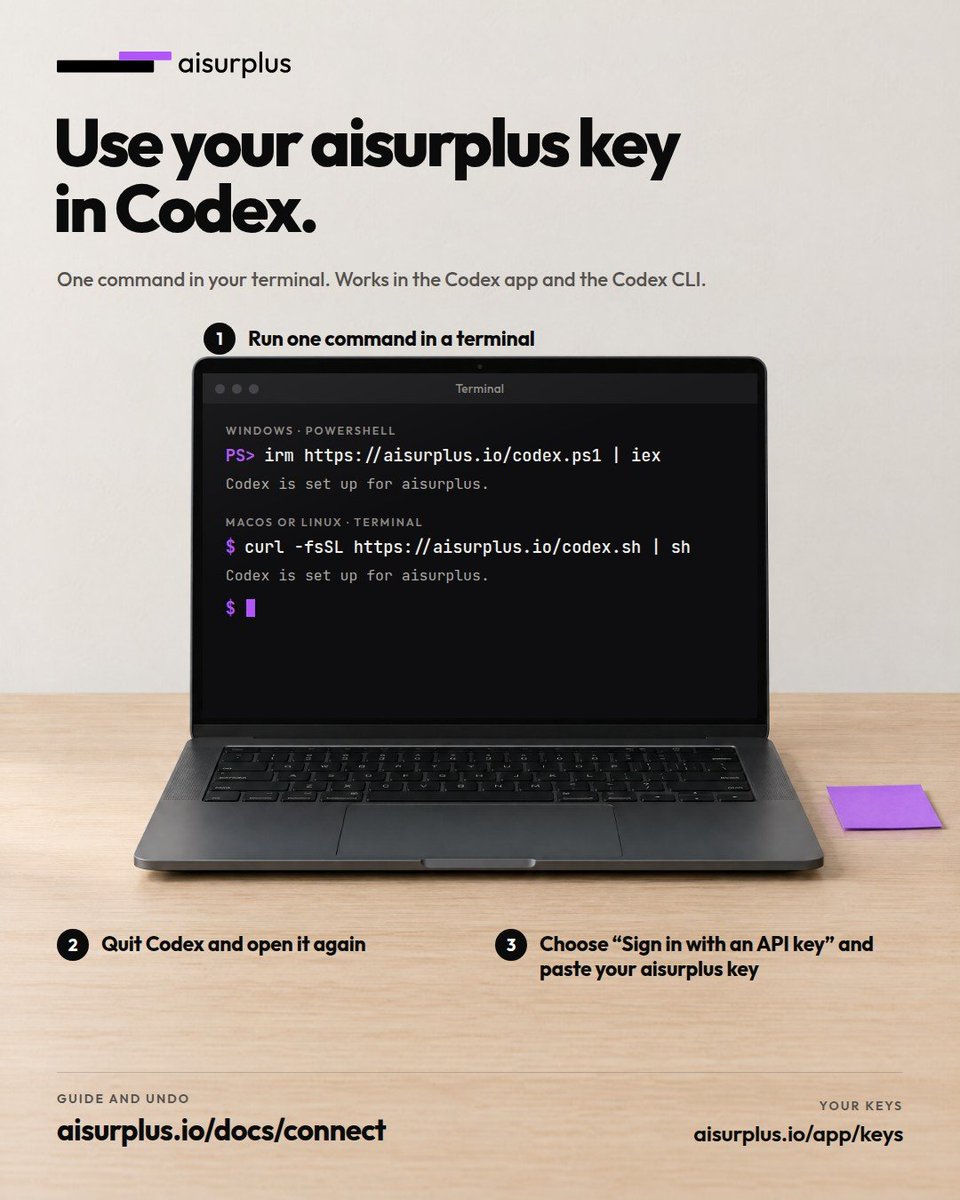 UseSurplus's tweet photo. Unlike $ASKR 

$Surplus is peer to peer inference with honest model.

Today we just integrate the backend with codex. You can use $surplus api within codex environtment

Run in your terminal/powershell:
irm https://t.co/u74niIQLVk | iex https://t.co/hw4jwcni06