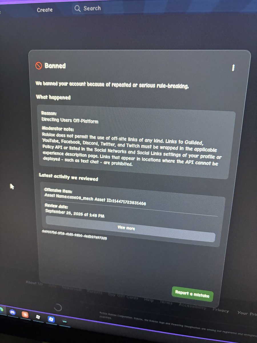 IrlCut's tweet photo. @Roblox can yall unban my account I did nothing wrong man I was making a game and got banned for directing users off site for an image which is not doing so. I could just change the images myself instead of a ban of no warning, I was making detailed designs concept art. https://t.co/2CRp4JICk4