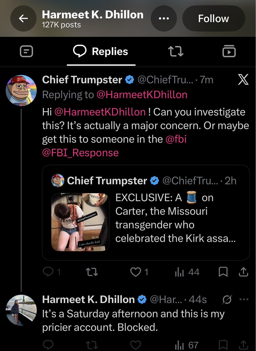 ChiefTrumpster's tweet photo. After alerting @HarmeetKDhillon @AAGDhillon to a LITERAL WALKING TRANS RED FLAG WITH A GUN, she decided it wasn’t worth taking a glance at and decided to block me. 

YOU. CANNOT. MAKE. THIS. UP. 

BRUUUUUUUUUUUUH 😭

WHAT IS LAW ENFORCEMENT DOING?!? https://t.co/iHJ6vjFZR4