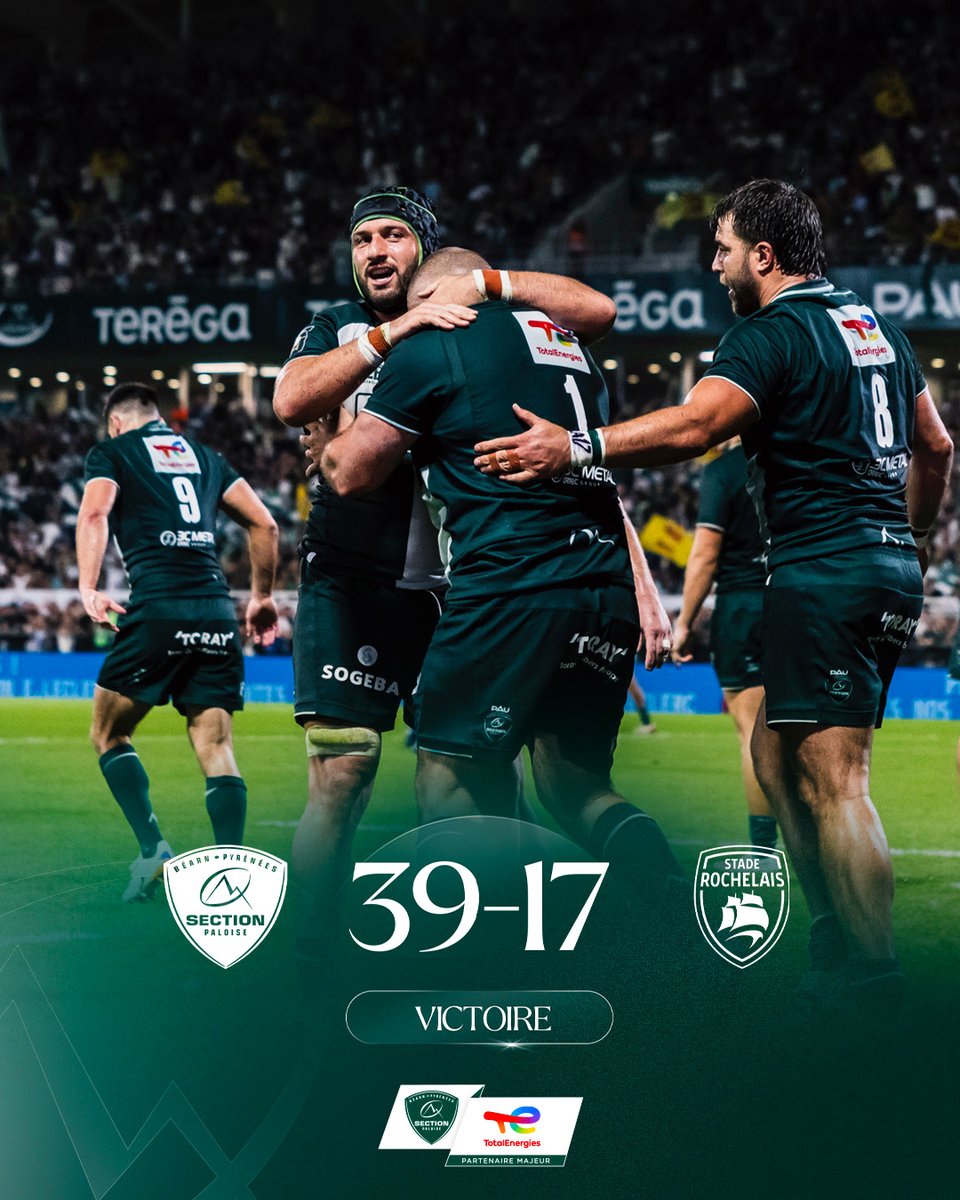 SectionPaloise's tweet photo. Les Béarnais s'imposent ce soir, avec le bonus offensif ! 🔥

Merci au Hameau pour cette grosse ambiance ✨🤝

#SPSR #TOP14 #HonhaSection https://t.co/8mb9PeM7fn