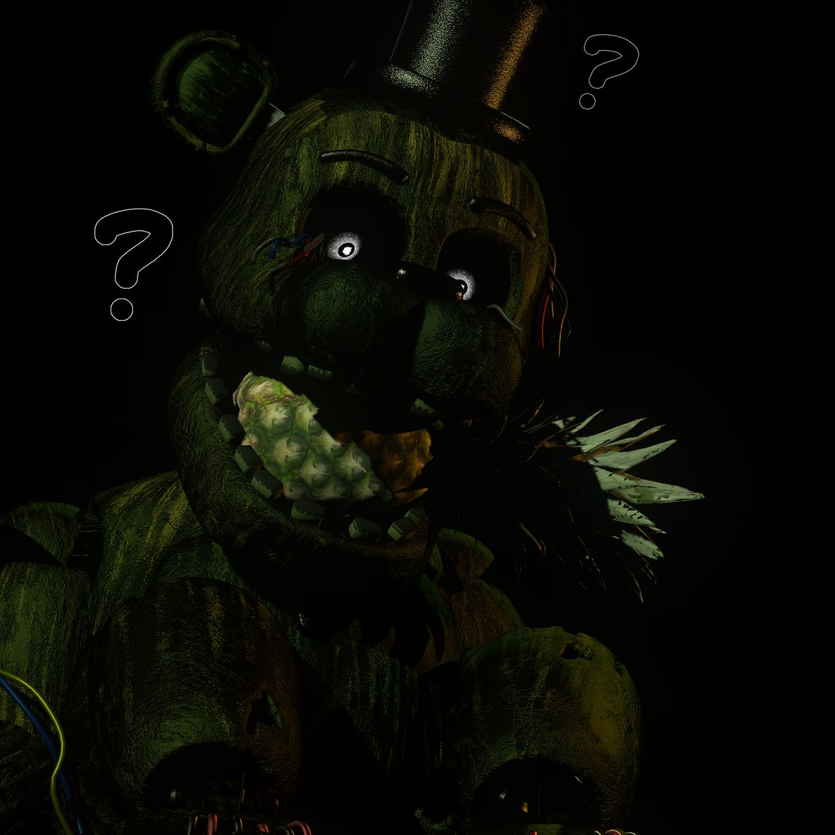 FrightsPhone's tweet photo. "I have just one question what does the phantom think of pineapple specifically phantom Freddy" -> None of them know what a pineapple is, but they seem to care a little.

 [ https://t.co/NGSy1fgEk3 ] https://t.co/ti5hPZFq4n