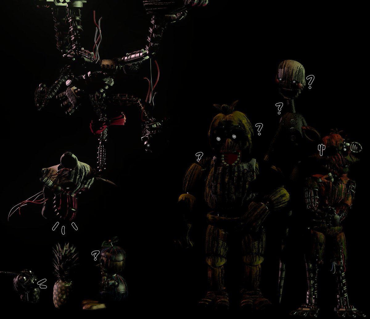 FrightsPhone's tweet photo. "I have just one question what does the phantom think of pineapple specifically phantom Freddy" -> None of them know what a pineapple is, but they seem to care a little.

 [ https://t.co/NGSy1fgEk3 ] https://t.co/ti5hPZFq4n