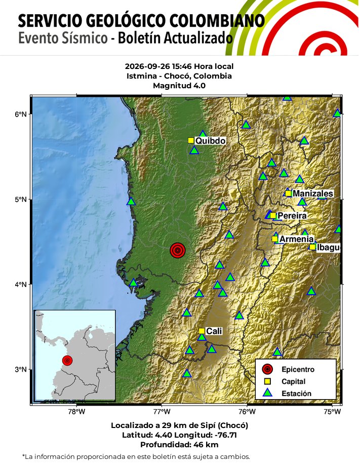 sgcol's tweet photo. #SismosColombiaSGC Evento Sísmico - Boletín Actualizado 1, 2026-09-26, 15:46 hora local Magnitud 4.0. Profundidad 46 km, Istmina - Chocó, Colombia ¿Sintió este sismo? repórtelo https://t.co/pgC7OC2O7j https://t.co/63pt8nVsSe #Temblor #Sismo https://t.co/knyv8nbF3G