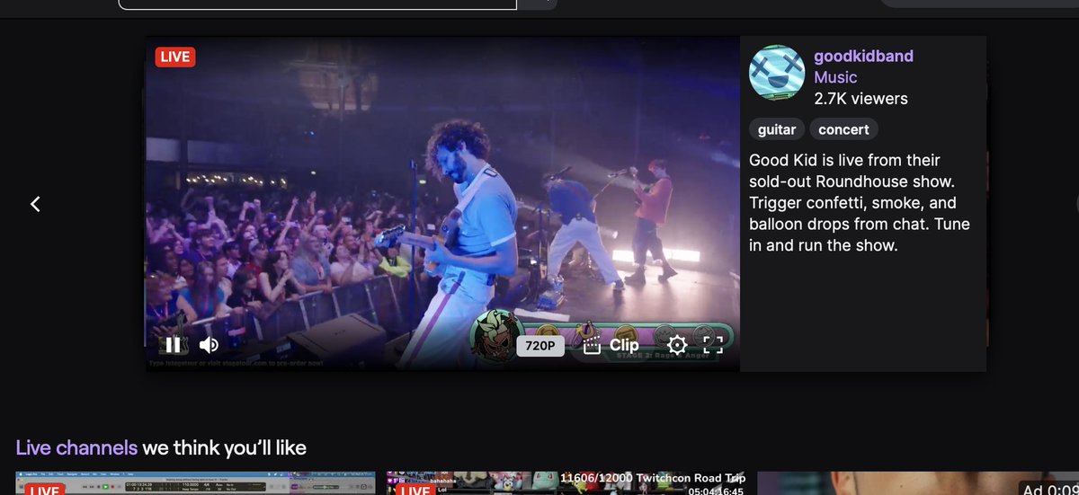 goodkidband's tweet photo. We're on the front page of @Twitch!!! 💜 Can't believe there's 2.7k of you watching 😭 https://t.co/uTLFwrplYE