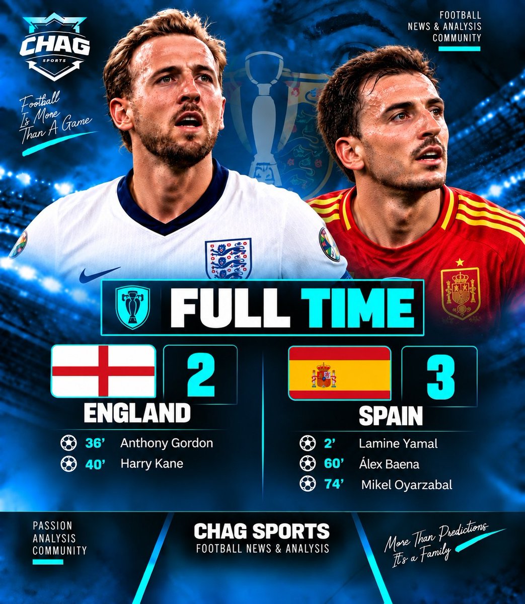 Chagsports24's tweet photo. #BBNaija 🏁 FULL-TIME: ENGLAND 2–3 SPAIN 🇪🇸

A dramatic contest comes to an end with Spain edging England in a five-goal thriller. England showed character with goals from Anthony Gordon and Harry Kane, but Spain’s attacking quality proved decisive.

A match filled with intensity, momentum shifts and memorable moments. ⚽🔥

England 2–3 Spain — Full Time.

#ChagSports #ENGESP #Spain #England #FullTime #FootballNews #MatchResult