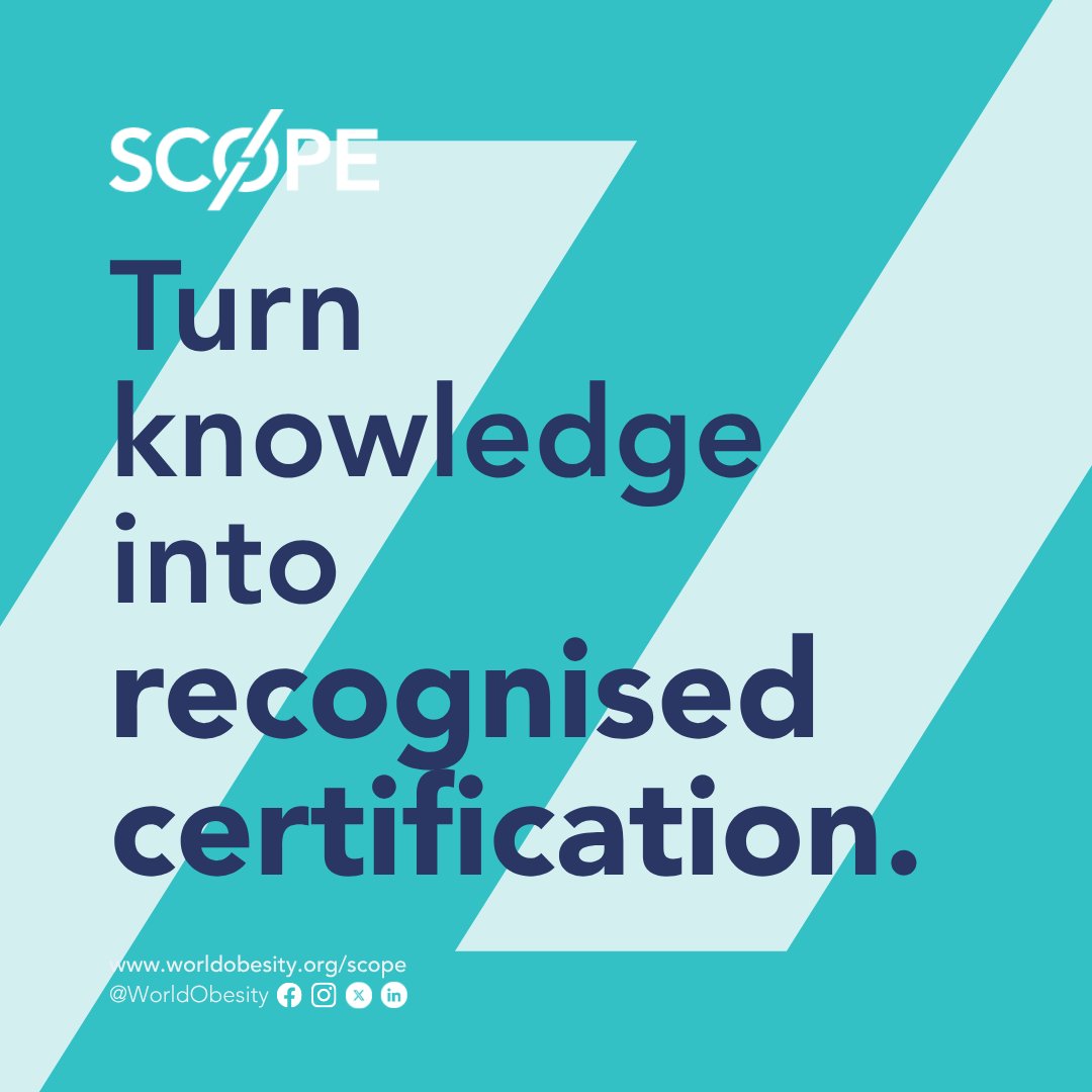 WorldObesity's tweet photo. Turn knowledge into recognised certification. SCOPE is the world's only internationally recognised certification in obesity management, built for professionals who want their expertise formally acknowledged.
Start your journey: https://t.co/ndiFOMjg1P
#SCOPECert #SCOPELearn #HealthEducation