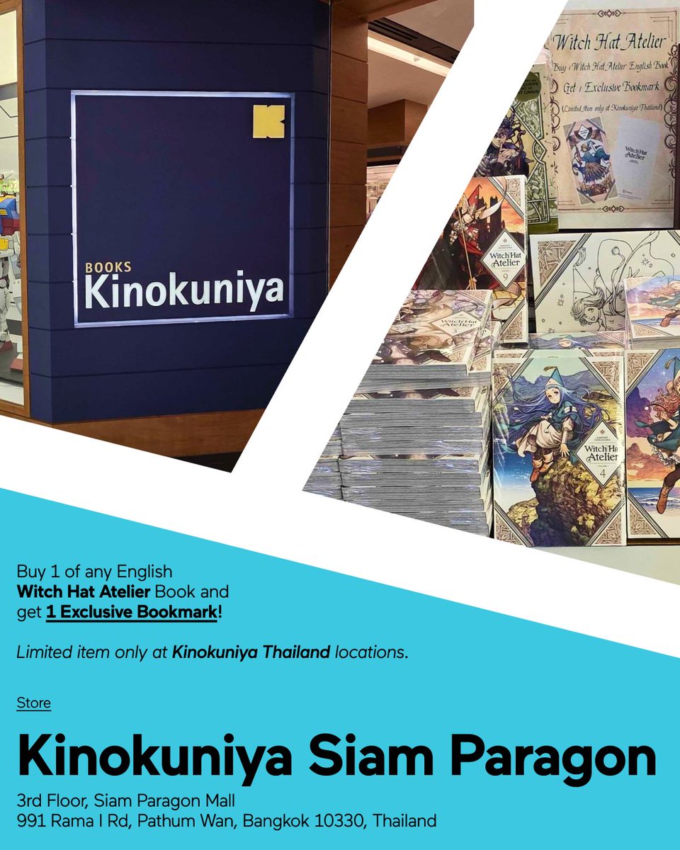 KodanshaManga's tweet photo. Are you a Witch Hat Atelier fan in Thailand? Rejoice, for @Kinokuniya_TH has a special deal for you!

Pick up any English WHA volume from these Kinokuniya stores and you'll score an exclusive bookmark (while stocks last). This deal is limited, so get on it while you can! https://t.co/tdXGBHUokI