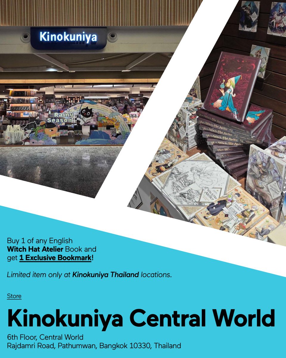 KodanshaManga's tweet photo. Are you a Witch Hat Atelier fan in Thailand? Rejoice, for @Kinokuniya_TH has a special deal for you!

Pick up any English WHA volume from these Kinokuniya stores and you'll score an exclusive bookmark (while stocks last). This deal is limited, so get on it while you can! https://t.co/tdXGBHUokI