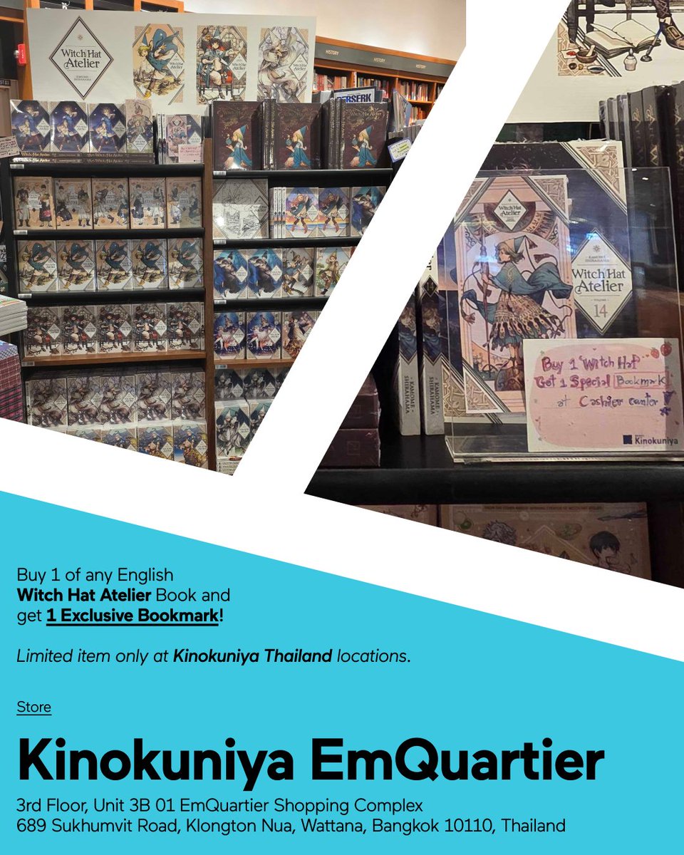 KodanshaManga's tweet photo. Are you a Witch Hat Atelier fan in Thailand? Rejoice, for @Kinokuniya_TH has a special deal for you!

Pick up any English WHA volume from these Kinokuniya stores and you'll score an exclusive bookmark (while stocks last). This deal is limited, so get on it while you can! https://t.co/tdXGBHUokI