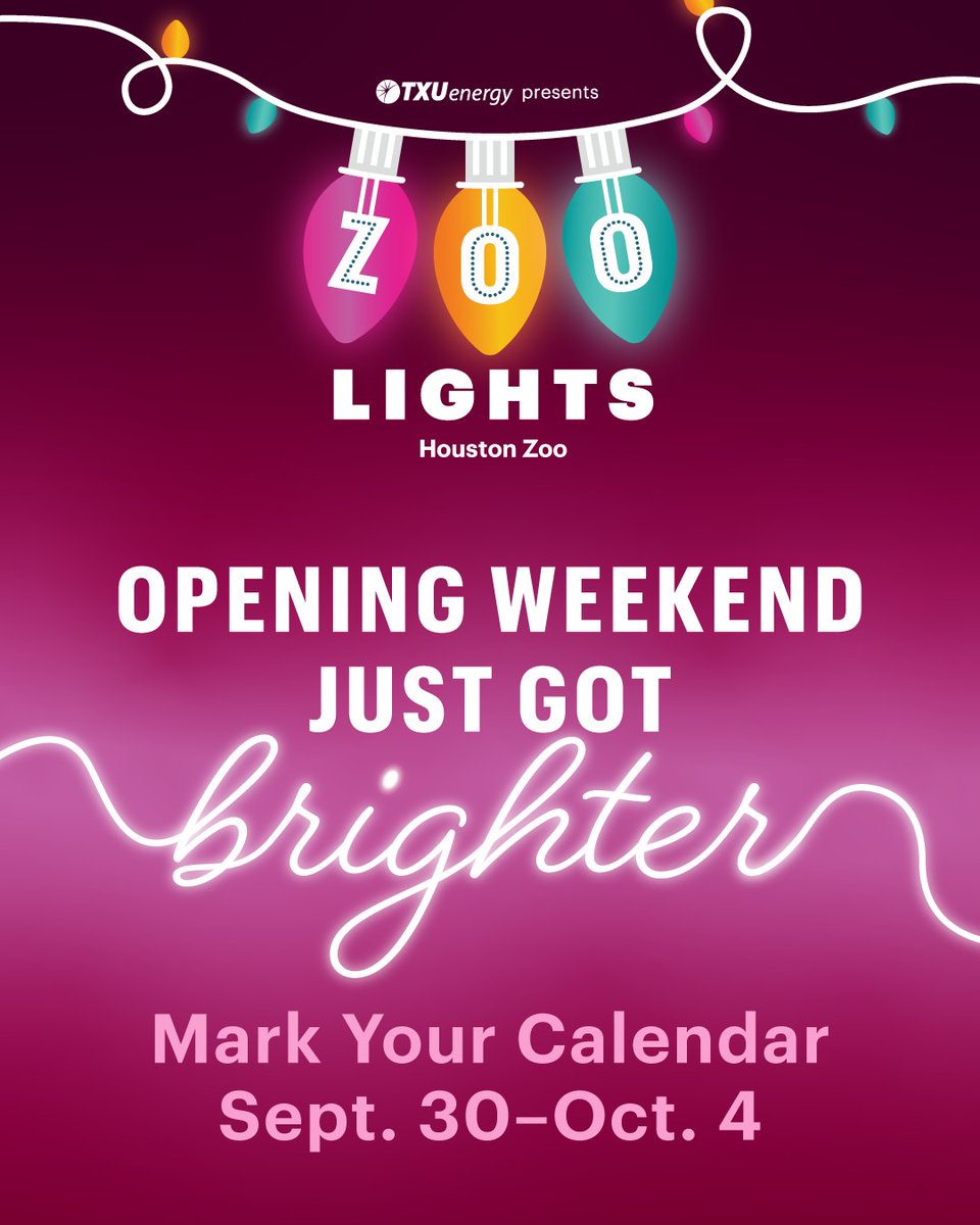 houstonzoo's tweet photo. Something merry is coming to Zoo Lights opening weekend ✨From Sept. 30-Oct. 4, save 15% on tickets for opening weekend, Nov. 19-22. Plus, early guests can unwrap festive extras during @txuenergy presents Zoo Lights. Stay tuned for more information coming soon! https://t.co/K76tqX1A2G