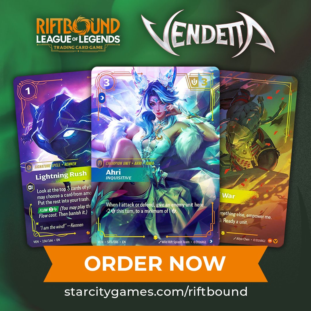 StarCityGames's tweet photo. Vendetta singles have hit the Rift! ⚔️

Lock in your next Riftbound deck today. 

Order now 🔻
https://t.co/yTpUdmhHv1

#RBVendetta https://t.co/1Vg77SCkAz