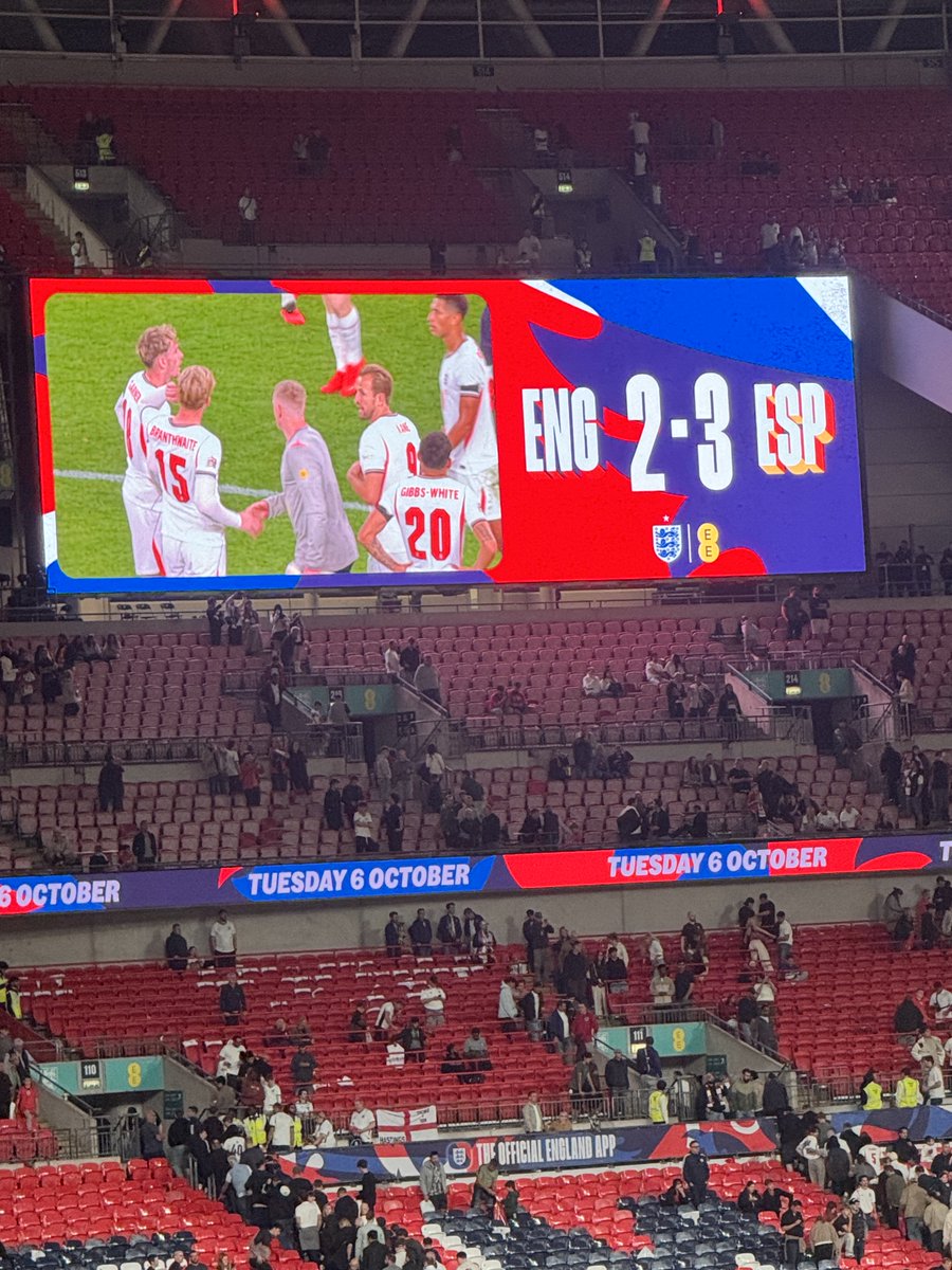 henrywinter's tweet photo. Everybody expected the Spanish inquisition. Narrow defeat to the European and world champions is hardly a humiliation. England produced periods of belief, boldness and threat but not enough. Didn’t sustain momentum. Again, against good technical opponents. Too many mistakes. Again, some poor in-game management from Thomas Tuchel. Spain have too much strength in possession and strength in depth; their use of the ball intelligent, their subs terrific. Spain now 39 games unbeaten. That’s why they’re champions. Seven thoughts from Wembley …

1.Doesn’t Tuchel learn? Don’t take Anthony Gordon off. Just don’t. He was flying, as against Argentina in the World Cup in Atlanta. England’s left winger and best player was a constant threat, scoring one, involved in another, and then subbed. At least it was for an attacker this time, Morgan Rogers, but still. A tale of two Barca boys: Lamine Yamal stayed on for the full 90 minutes and was a constant threat.

2.England’s style. Would England “go for the kill” to borrow Harry Kane’s phase? They did eventually but didn’t maintain it. Trailing 1-0, they pressed, they countered, they went for the jugular. Elliot Anderson, excellent, was up for this. Seized on Neco Williams’ slip, and didn’t hesitate. Attack. Anderson-Gordon-Bellingham-Gordon. Goal. O’Reilly-Gordon-O’Reilly-Kane. Goal (via Marc Cucurella; cue huge cheers). England led. But then failed to maintain momentum. Games last 90 minutes, not moments.

3.Cut out the mistakes. Spain's first two - England punished for defensive caution. No 1. Summed up the defensive culture – rather than release Gordon, who was open down the left, Marc Guehi turned back and got robbed by the electric Yamal. No 2. Nico O’Reilly turned back and Dani Olmo pounced, teeing up the sub Alex Baena.

4.Spain’s style. Briefly worried when England pressed. Otherwise so good in and out of possession. Worked so hard to get the ball back. Neco Williams tracking back. Man-for-man at England corners; Rodri pressurising Kane. Will England develop a Rodri? Ball-winner, ball-user, conductor of the orchestra. In possession: Yamal magnificent, not just the finish but so many touches, including one beautiful reverse flick to Olmo. Mikel Oyarzabal’s finish, dinked over James Trafford, was majestic. Spain. So confident. So talented.

5.Tuchel’s changes. Mixed bag. Rogers for Gordon (70). Controversial. Rogers should have come on for the quiet Bukayo Saka. James Garner for Myles Lewis-Skelly (70). Fair enough. Lewis-Skelly had run himself into the ground in midfield. 
Morgan Gibbs-White for Saka (83). Fair enough, Saka not threatening enough, cut inside too often rather than go outside Cucurella. Gibbs-White was lively, bringing a threat with his dribbling and passing. Deserves his future place ahead of Cole Palmer. Dominic Calvert-Lewin for Kane (83), who was tiring and slipped in striking his penalty against bar. Fair enough decision, though unlike Tuchel to take off his captain. Jarrad Branthwaite for Guehi (89). Centre-back for centre-back. At 3-2 down. Why not gamble? Why not Alex Scott or Eberechi Eze? Cautious.

6.Jarell Quansah v Trent Alexander-Arnold. Kyle Walker got on the pitch before Alexander-Arnold - and Walker's retired from England. Walker was celebrated by the Wembley crowd at half-time for his long contribution to the England cause. Quansah won the race for the right-back duties, where he is playing currently for Bayer Leverkusen. Defensively sound, but lacked Alexander-Arnold’s threat in possession. Will Tuchel ever believe in Alexander-Arnold?

7.James Trafford. Blameless with Spain’s three goals. Only his second start, third cap, and the 24-year-old is very promising. England’s No 1 in waiting. But could be a considerable wait. Jordan Pickford returns for games three and four of this four-match international break. Dean Henderson injured. Trafford had no chance for Yamal’s goal. Such a quick turnover. Or for the shot from Baena, who used England defenders to mask his intentions. Or Oyarzabal dart through and dink. Spain too good. England had some good moments but some familiar failings, including Tuchel's. #ENGESP