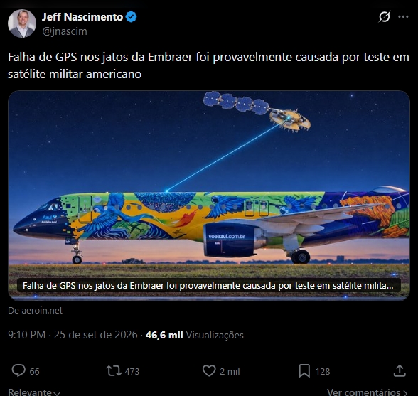 MariaOsint's tweet photo. Há 3 dias, um teste em satélite militar americano causou uma falha de GPS nos jatos da empresa brasileira Embraer ao redor do mundo.

Hoje, sai a notícia de que o TSE usará a Starlink para transmitir os resultados das nossas eleições em locais remotos.

Só não vê quem não quer... https://t.co/wSCvkkau0p