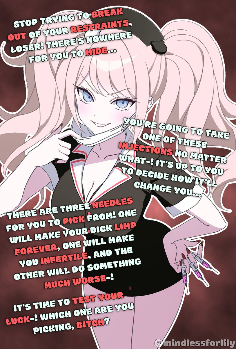 mindlessforlily's tweet photo. There's nothing you can do to stop her, freak! This will be your fate whether you like it or not~!

If you choose the wrong needle, you'll never return from her basement again... https://t.co/3jnJMEixof