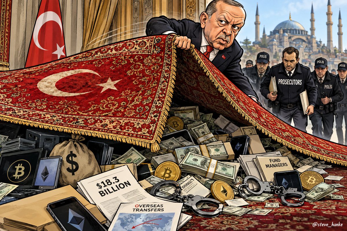 steve_hanke's tweet photo. #TurkeyWatch🇹🇷: In connection with Turkey's $18.3 billion fund scandal, prosecutors are now tracking crypto and overseas money transfers by fund managers.

Total arrested = 51.

IT'S GOING TO BE HARD FOR ERDOĞAN TO SWEEP THIS SCANDAL UNDER A TURKISH CARPET. https://t.co/TMKK3FflSx