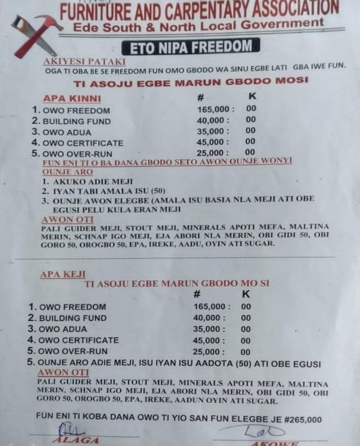 Elijahwale's tweet photo. This is purely extortion and slavery!
How do this Association expect the parents to get this?
How will the apprentice be able to start his life after the Freedom? https://t.co/hLNauLKmeU