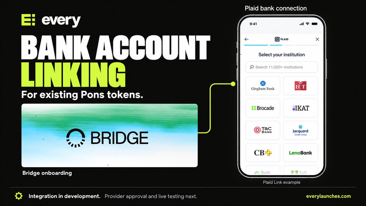 EveryLaunches's tweet photo. Bridge + Plaid bank-linking code is now deployed in EVERY.

We're also designing a fee-sharing model for $EVERY holders, funded by a portion of platform fees from future Pons launches that opt into our planned X Money route. https://t.co/x9uVNTG1Xi