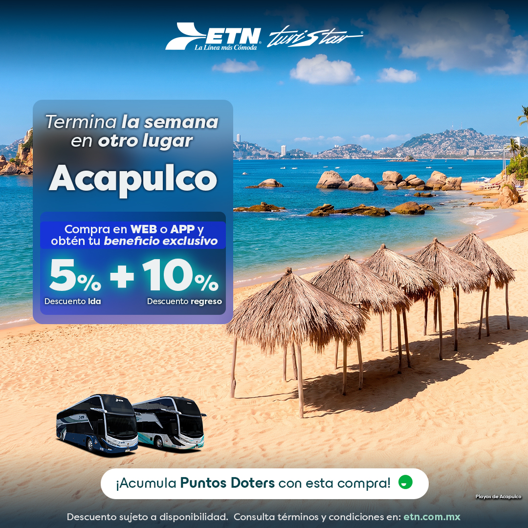 ETNTURISTAR's tweet photo. 🌊✨ Acapulco es ese descanso que ya te mereces.
Viaja con ETN y aprovecha descuento exclusivo en viaje redondo al comprar en internet 🚌💙

📲 Asegura tu asiento en https://t.co/6bBV8CsmjE https://t.co/lztcQST4fe