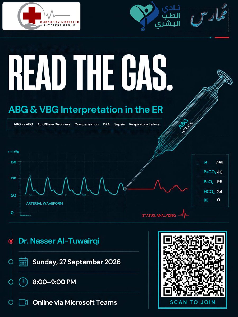 Alenaziaryam1's tweet photo. ABG &amp; VBG interpretation is an essential clinical skill for every medical student!
Join us tomorrow for READ THE GAS with Dr. Nasser Al-Tuwairqi and strengthen your approach to blood gas interpretation in the ER https://t.co/cH2Lyj7U7e