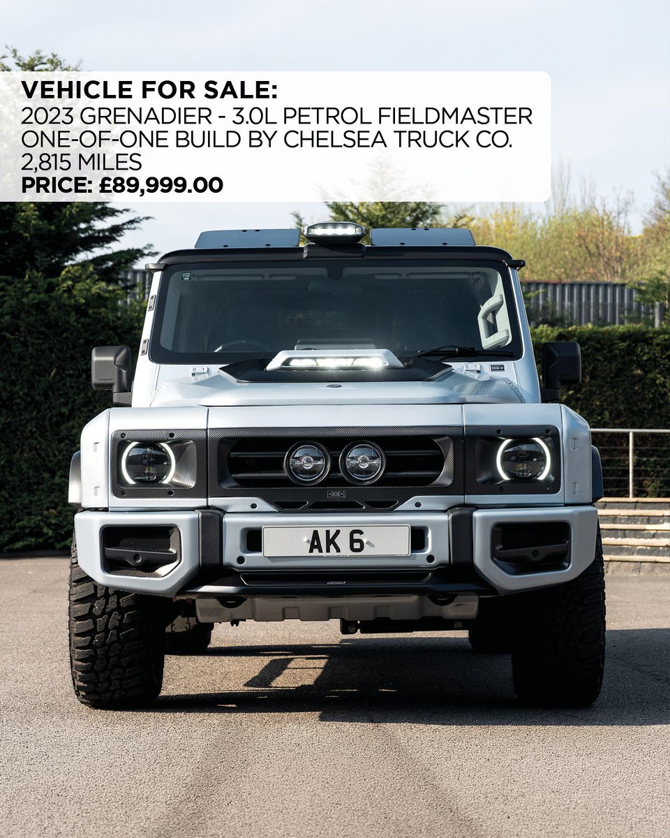 ChelseaTruckCo's tweet photo. VEHICLE FOR SALE: INEOS Grenadier Fieldmaster 
CTC Grandmaster

Price: £89,999.00

Year: 2023
Mileage: 2,815
Engine: 3.0L Petrol

Exterior: Sterling Silver
Interior: Blue Leather

Tel: +44 (0) 20 7751 4555
Mob: +44 (0) 77986 66600
WhatsApp: +447857748236

#ineosgrenadier #INEOS https://t.co/k7e0qLkHTn