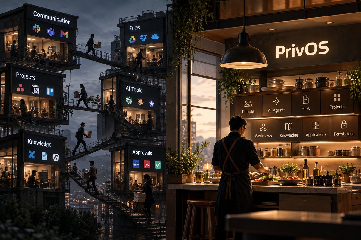 PrivOSAI's tweet photo. 🛑 Stop Building Your Business Around Tool Switching

At some point, adding another tool stops making your business more productive.

Your conversation lives in one place. Your files in another. Projects somewhere else. AI in another tab. Then someone has to connect everything manually.

It’s like running a kitchen where every ingredient is stored in a different building. 🍳

🏠 PrivOS brings the kitchen together.

Your people, data, AI Agents, workflows, knowledge, and applications work in the same environment, with the context and permissions they need to get the job done.

You don't need more tools. You need the tools you already use to ⚙️ work as one system.

🚀 PrivOS. One workspace for the way your business works.

#PrivOS #EnterpriseAI #Productivity