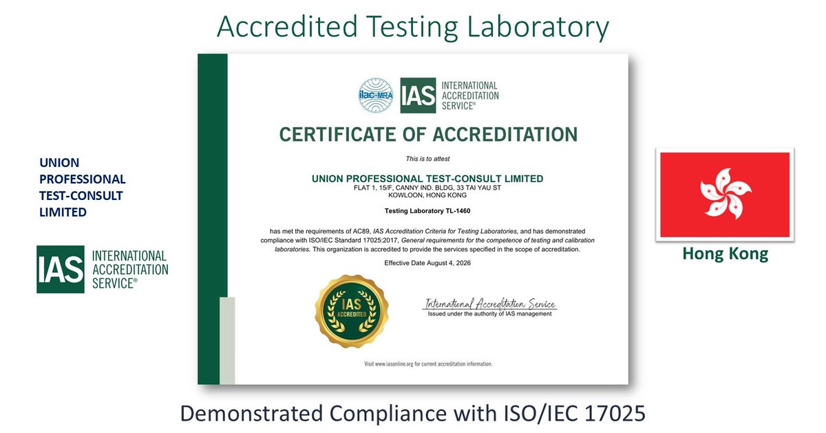 IntlAccredSvc's tweet photo. Congratulations Union Professional Test-Consult in Hong Kong for becoming an IAS Accredited Testing Laboratory. Demonstrating compliance with ISO/IEC 17025. https://t.co/kqrnNfJLu8
#ConformityAssessment #Laboratory #ISOIEC17025 #IASonline #IASAccredited #Accreditation #TestingLab https://t.co/He7KGDu01N