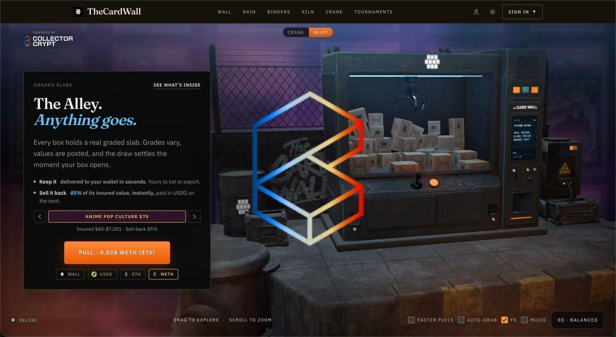 TheCardWall's tweet photo. Introducing "The Alley" on @RobinhoodCrypto 

A mysterious location off-the-wall where anything goes.

Claw machines connecting you to over 50K collectible trading cards valued at $54M USD.

Open 24/7.

Powered by @collector_crypt - the billion dollar titan of RWAs onchain.

Thanks for the light.

🚬

https://t.co/rYnbiCpCIO