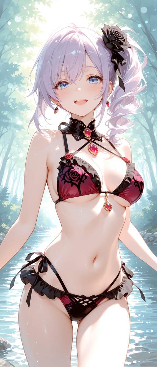 monaka_aiart's tweet photo. おはようございます～☀
今日はパープルちゃんの赤×黒ビキニだよ🌹
#AIイラスト
SFW anime-style illustration. Swimsuit illustration. https://t.co/5z4vOT2ZLp