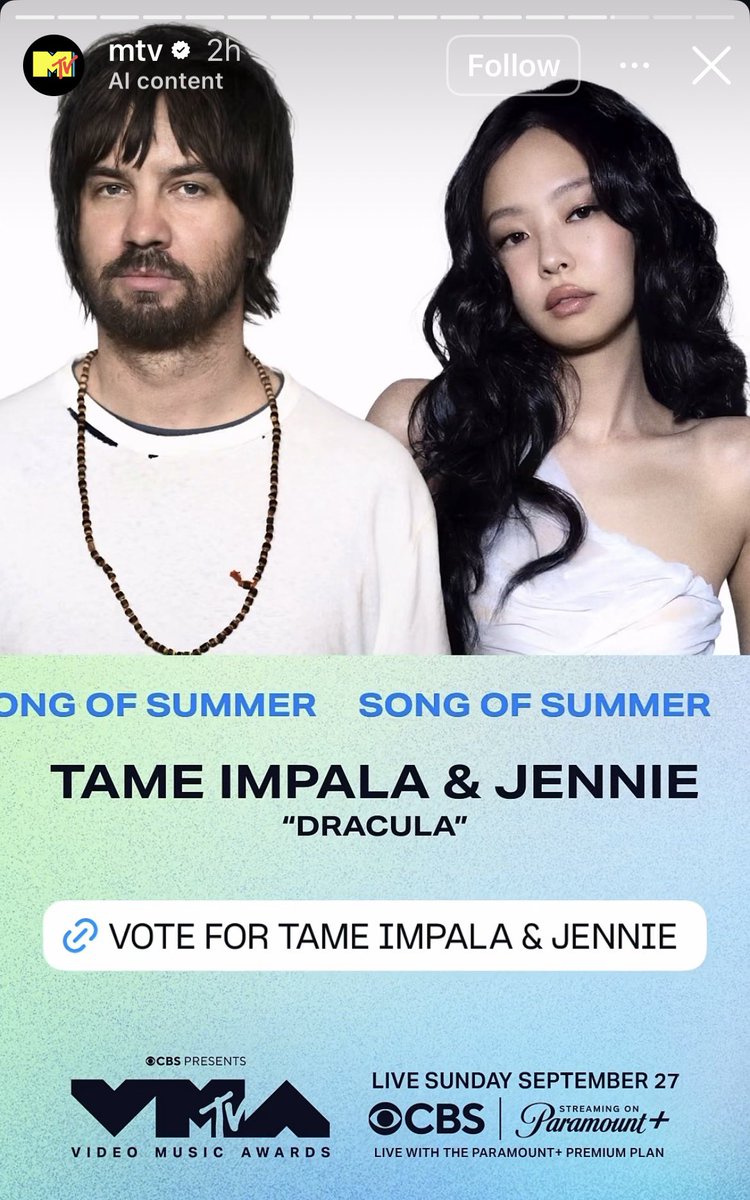 jenniescharts's tweet photo. Tame impala &amp; JENNIE’s “Dracula” has been nominated for Song Of Summer at the MTV #VMAs 

GO VOTE https://t.co/2QCe33wnyw