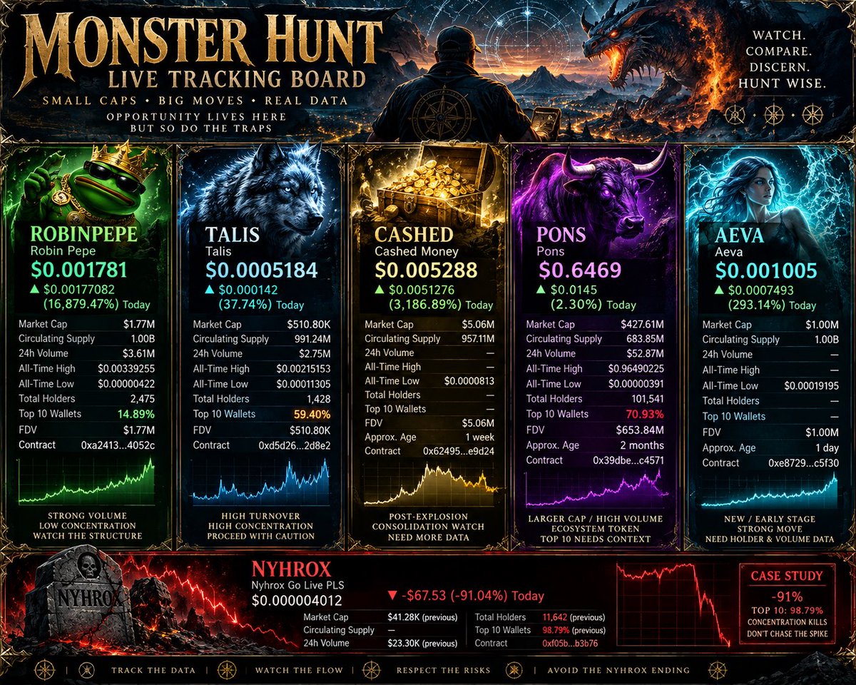 SignalAtTheEdge's tweet photo. MONSTER HUNT // LIVE TRACKING BOARD 🐲📊

Five tokens. Five very different structures.

ROBINPEPE • TALIS • CASHED • PONS • AEVA

We’re tracking the things that matter after the fireworks start: market cap, volume, holders, concentration, price structure and staying power.

And NYHROX earned itself a permanent place at the bottom of the board as a reminder:

Huge green numbers can disappear FAST.

⚠️ These tokens can be extremely volatile. Prices can rise or fall dramatically in minutes, liquidity may be limited, and displayed gains do not guarantee an executable exit at that value. Research the token, contract, holder concentration and liquidity before putting money at risk. Never risk more than you can afford to lose.

TRACK THE DATA. WATCH THE FLOW. RESPECT THE RISK. 🐲🔬🔥

#MonsterHunt #RobinhoodChain #Crypto #OnChain #RiskManagement