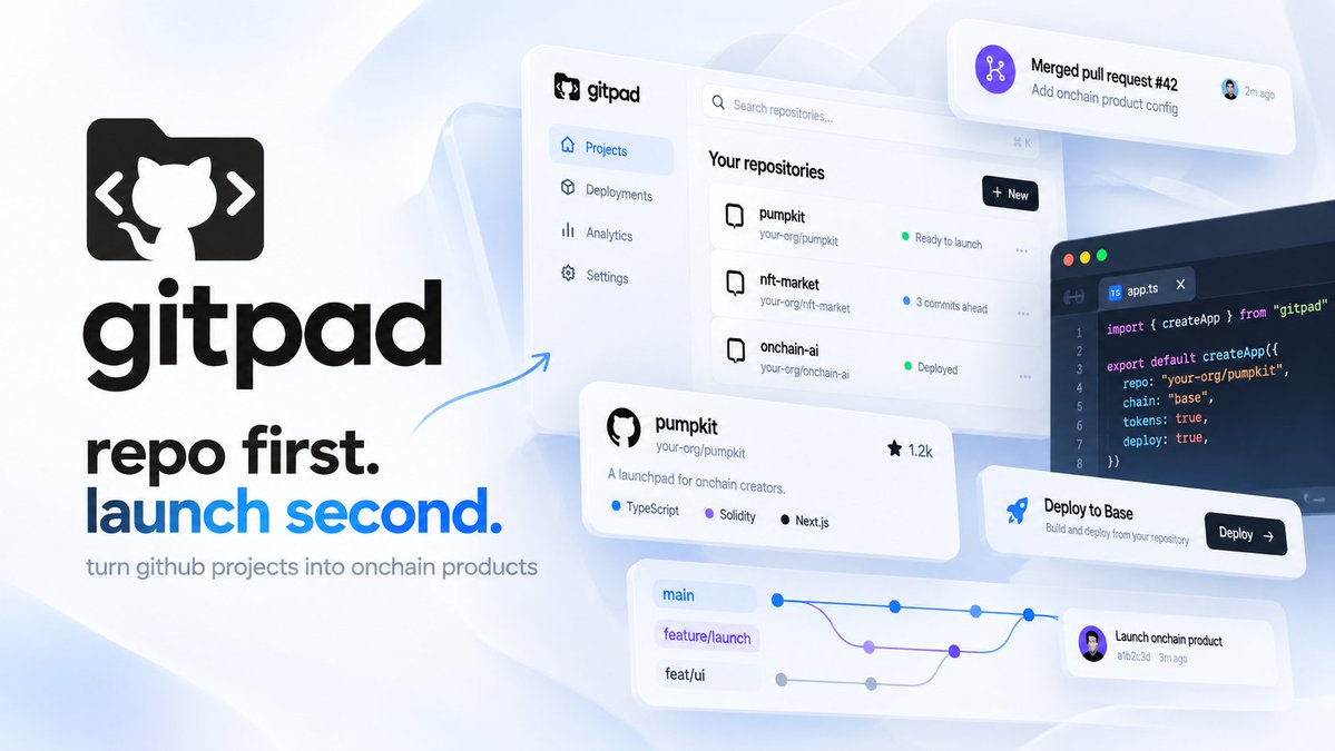 _gitpad's tweet photo. repo first. launch second.

gitpad starts with the thing most launchpads skip: the actual project.

connect github, verify the repo, show the code and activity, then take it onchain.

no blank token page pretending something will be built later.

the work comes first. the market comes after.
