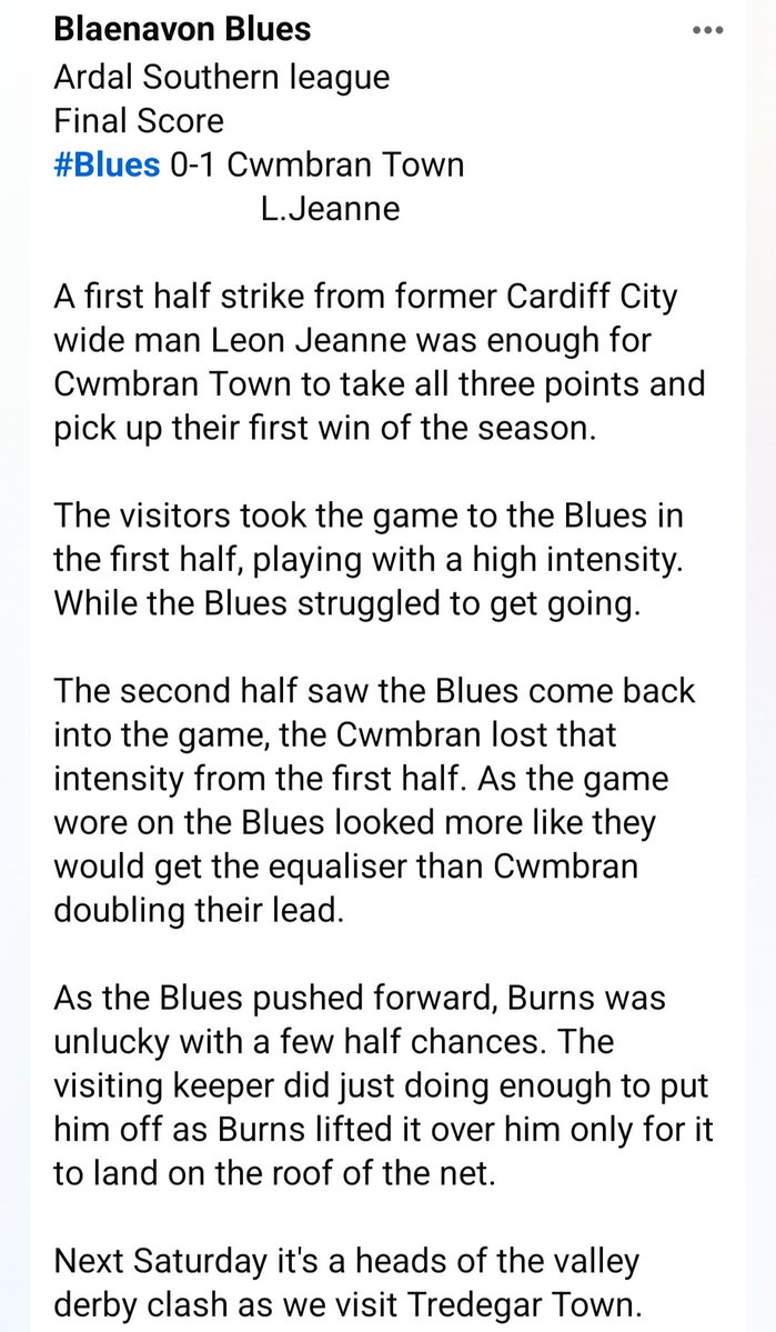 blaenavonblues's tweet photo. Ardal Southern league
Final Score
#Blues 0-1 Cwmbran Town (L.Jeanne) https://t.co/aRSK7zTc1A