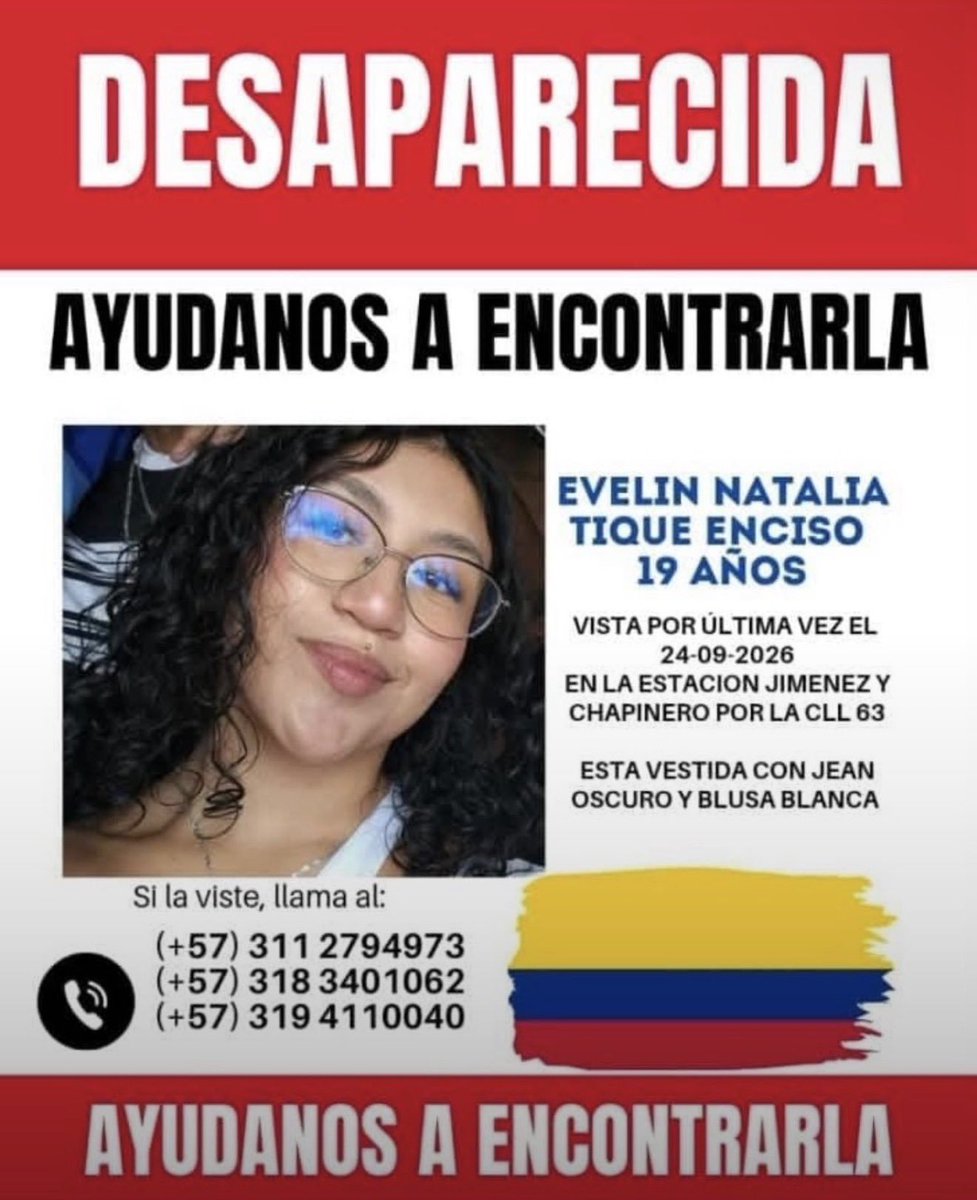 PS1COPOLITICO's tweet photo. 🚨 Mujer desaparecida en Bogotá, Colombia

No importa en qué lugar del mundo te encuentres: por favor, comparte esta información. Tu ayuda puede ser fundamental para encontrarla. https://t.co/6zoW995smx