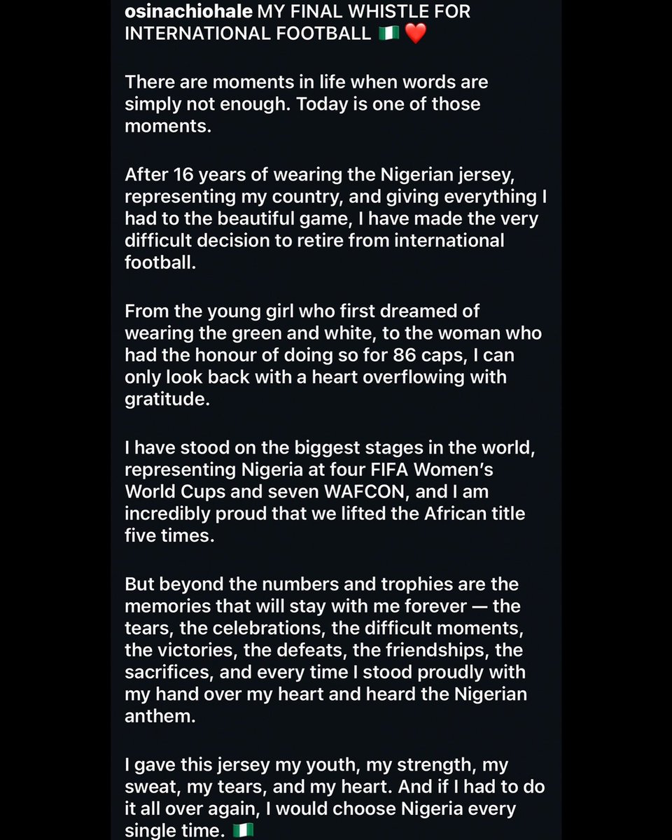 Cleverlydey4u's tweet photo. Osinachi Ohale announced her retirement from international football after 16 years, 86 caps and 5 WAFCON titles with Nigeria ❤️🇳🇬 https://t.co/KfcHWDAhZn