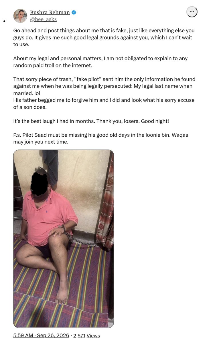 worqas's tweet photo. It gets worse. Bushra Rehman, while sitting in Canada, used her influence with the Pakistani junta to get a Pakistani man kidnapped. After the kidnapping, she was illegally sent the photo of that main chained up in jail - which she kept as a trophy. 
Bushra is so insane that she posted that photo yesterday as a way to threaten me. She is so stupid that she did not understand that she was sharing a photo of stark violation of human rights that she enabled. Getting someone kidnapped and tortured would be considered a criminal offense in any civilized country.
If any Canadian citizen is reading this, you should consider reporting this cruel and dangerous person to authorities. 
She has since deleted that post, but I have archived it here: https://t.co/nCRGQiGb15