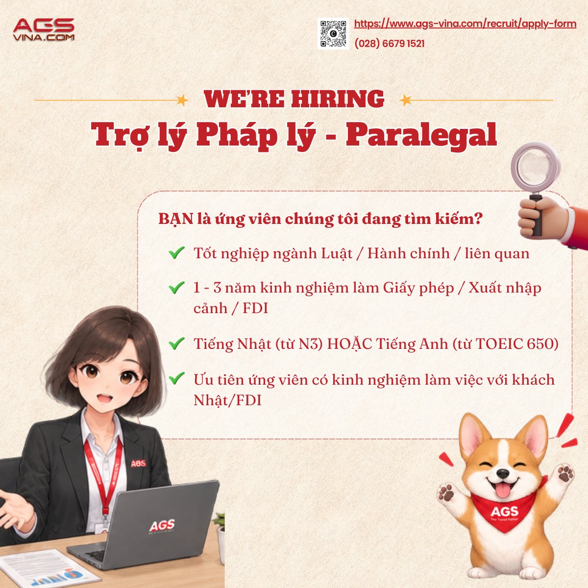 AGSAccountingCo's tweet photo. 💼 #AGS Accounting Vietnam tuyển dụng: TRỢ LÝ PHÁP LÝ!
🎯 Yêu cầu:
🎓Ngành Luật/Hành chính (1-3 năm kinh nghiệm)
🗣️Tiếng Nhật N3 / Tiếng Anh TOEIC 650+
📋Thạo thủ tục Work Permit, TRC, Giấy phép đầu tư FDI
📍 HN / HCM
#AGSJobs #LegalAssistant #Hiring #JobsVietnam https://t.co/ZLpynzLhXM