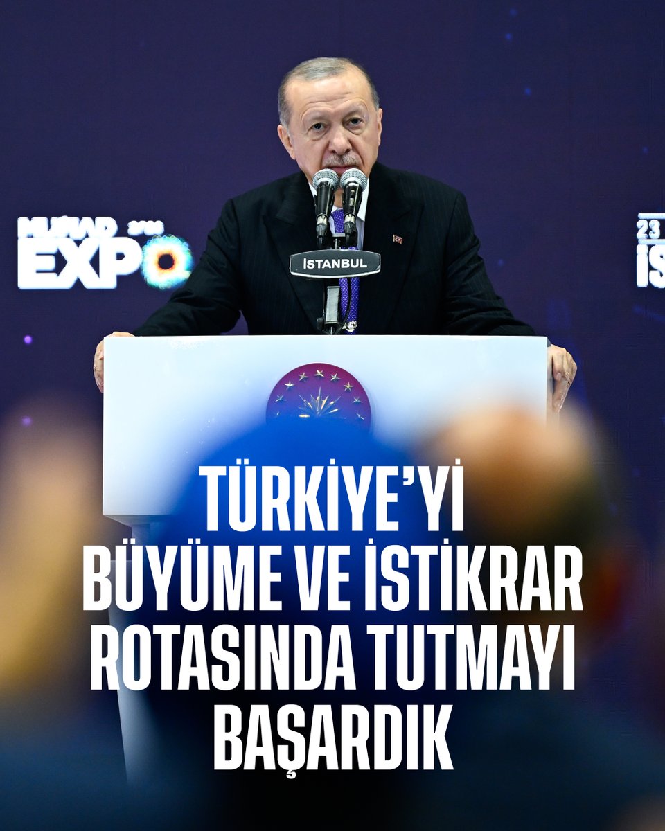RTErdogan's tweet photo. Küresel ekonominin şoklarla boğuştuğu bu dönemde Türkiye’yi büyüme ve istikrar rotasında tutmayı başardık.

Ekonomi politikamızın 4 sütununu, yani üretim, yatırım, istihdam ve ihracatı artırmak için gerektiğinde şartları zorlayarak her türlü adımı attık.                          

Çevremizi saran istikrarsızlığa rağmen iş dünyamızın geleceğe güvenle bakabileceği bir iklimi oluşturmak için ne gerekiyorsa yaptık ve yapıyoruz.

Geçtiğimiz yıl Türkiye ekonomisini %3,7 oranında büyüterek 16 yıllık kesintisiz büyüme performansımızı sürdürdük.

Şu anda dünyanın 16’ncı, Avrupa’nın ise 6’ncı en büyük ekonomisiyiz.

2002’de 36 milyar dolar seviyesinde olan ihracatımız, 2025’te 273,2 milyar dolara yükseldi.

Bu yılın Ağustos ayında yıllıklandırılmış mal ihracatımızı 280 milyar doların üzerine taşıdık.

2002’de ihracat yapan firmalarımızın sayısı yalnızca 33 binken 2025 yılında tam 168 bin firmamız ihracat gerçekleştirdi.

Savunma ve havacılık ihracatımız ise Ocak-Ağustos 2026 döneminde geçen yıla kıyasla %16,2 artarak 6 milyar 300 milyon dolar oldu.