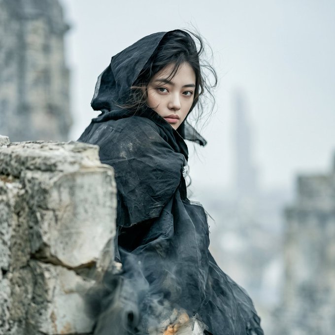 A young woman wearing a dark hooded cloak looks back over her shoulder with wind blowing her hair, set against a misty, post-apocalyptic cityscape with crumbling stone in the foreground.