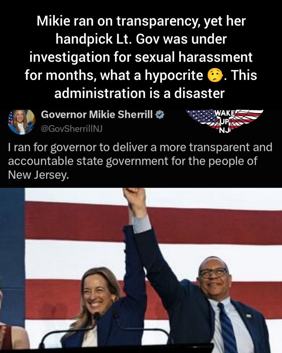 wakeupnj's tweet photo. Mikie ran on transparency, yet her handpick Lt. Gov was under investigation for sexual harassment for months, what a hypocrite 🤥

This administration is a disaster https://t.co/msQNJ7xv5z