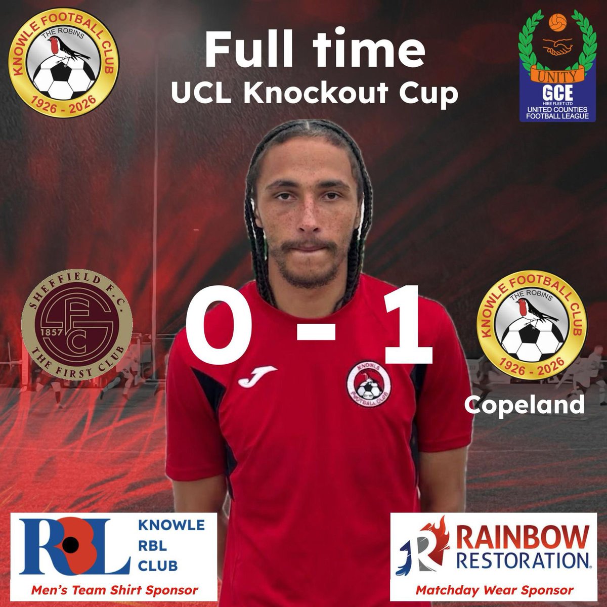 Knowle_FC's tweet photo. Full Time:

@sheffieldfc 0-1 Knowle 

Copeland ⚽️ (Sponsored by Prestige Home and Building)

The Robins progress to the next round of the @utdcos League Cup 💪

#UpTheRobins | #100thYear https://t.co/F5kesQx9WA