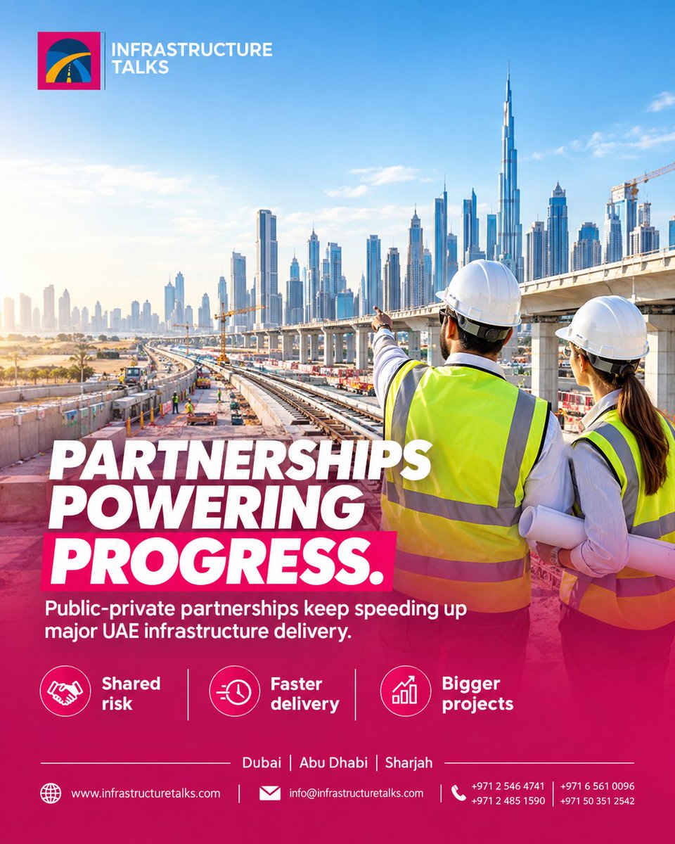 InfrastrucTalks's tweet photo. Public-private partnerships are helping accelerate major infrastructure delivery across the UAE.
-Shared Risk
- Faster Delivery
- Bigger Projects
#InfrastructureTalks #InfrastructureEngineering #UAEInfrastructure #CivilEngineering #EngineeringIns https://t.co/qxPx33imOD