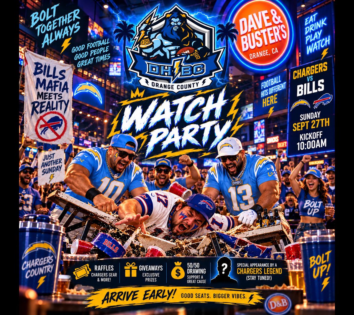 DhbcOc's tweet photo. Join us Sunday! @Chargers legend player appearance &amp; their Street Team in the house! ⚡️Freebies, raffles, games, food &amp; drink specials. Featuring MC @Louiegeezy! Family friendly fun @DnBOrange #BoltUp  @diehardboltclub @DhbcOc ⚡️⚡️@jparis_sports https://t.co/9ioaD66SsW