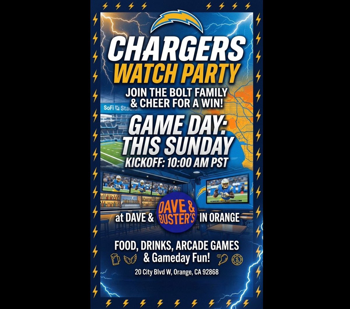 DhbcOc's tweet photo. Join us Sunday! @Chargers legend player appearance &amp; their Street Team in the house! ⚡️Freebies, raffles, games, food &amp; drink specials. Featuring MC @Louiegeezy! Family friendly fun @DnBOrange #BoltUp  @diehardboltclub @DhbcOc ⚡️⚡️@jparis_sports https://t.co/9ioaD66SsW