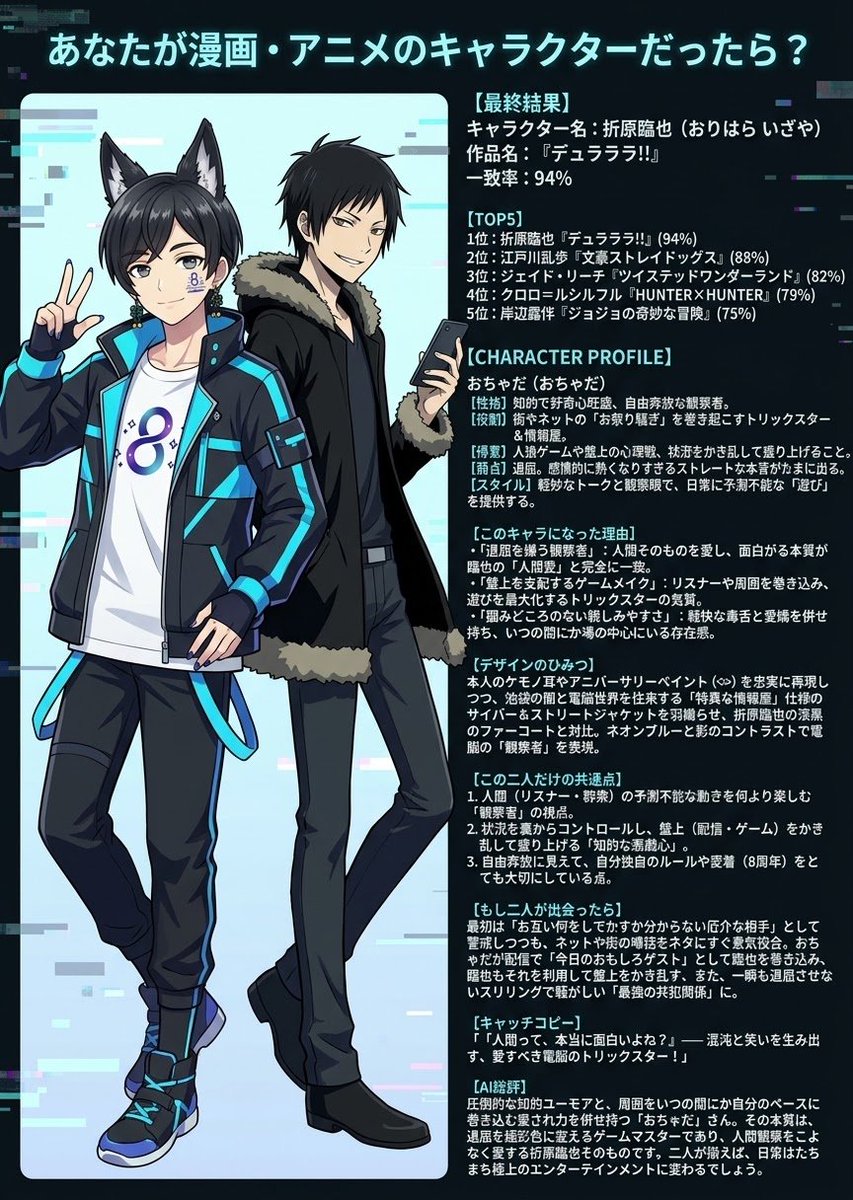 MSTAKKUNGAMES's tweet photo. チャッピー(左)、Gemini(右)にそれぞれ聞いてみたらおちゃはハイキュー!!の黒尾鉄朗とデュラララ!!の折原臨也に似てるらしい https://t.co/O6GmnARZMr