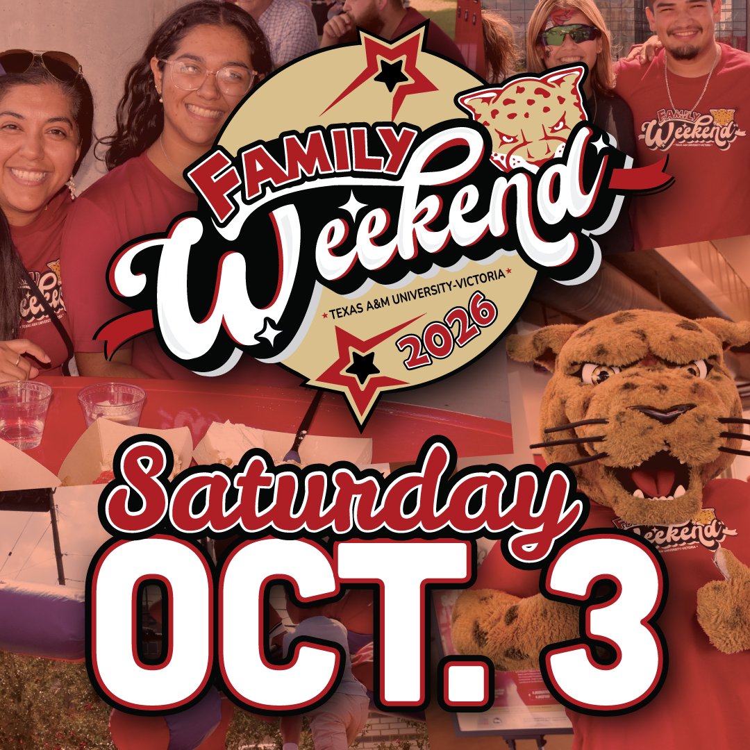 TAMU_VICTORIA's tweet photo. Join us for a weekend of campus activities, family time and plenty of Jaguar pride on October 2 and 3. Check out the full schedule and make your plans at https://t.co/0W38UXR60k
#BiggerBetterBolder #VTX #VictoriaTX #JAXNATION #ClassOf2030 #CrushEm #TAMUV https://t.co/s6MoNGWWXw