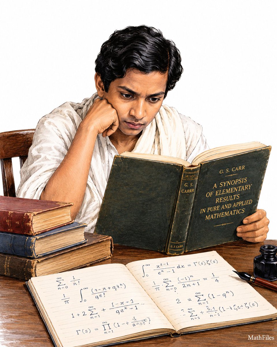 Math_files's tweet photo. At sixteen, Srinivasa Ramanujan encountered G. S. Carr’s A Synopsis of Elementary Results in Pure and Applied Mathematics, a compact collection of roughly 5,000 formulas and theorems. 

This book gave results with little or no proof. For Ramanujan, that was almost an invitation: each theorem became a problem to reconstruct for himself, helping him develop methods that were largely his own.
