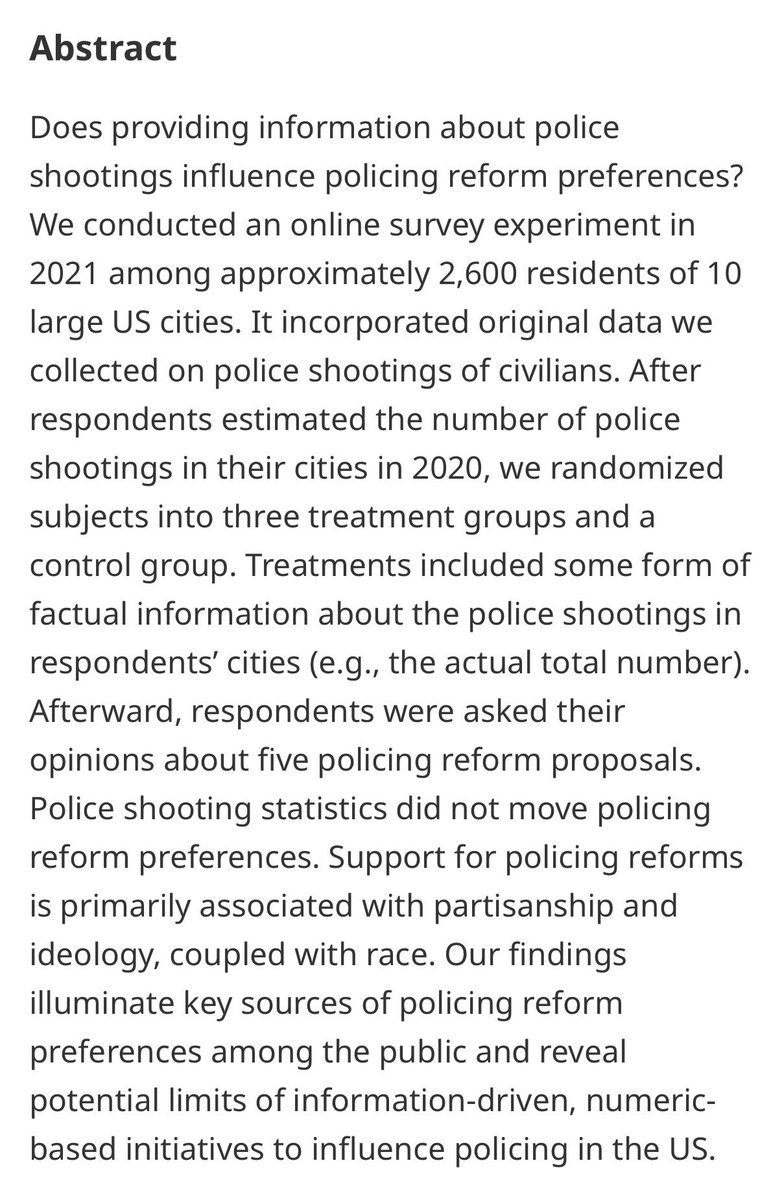 ian_t_adams's tweet photo. Lurking underneath this sort of statistic is the assumption that if only we could correct public perceptions, maybe their policy preferences would change. 

Turns out that’s not true. Correcting someone’s wrong assumption on counts does not shift their preferred police reforms. 

https://t.co/1eW015b2nt