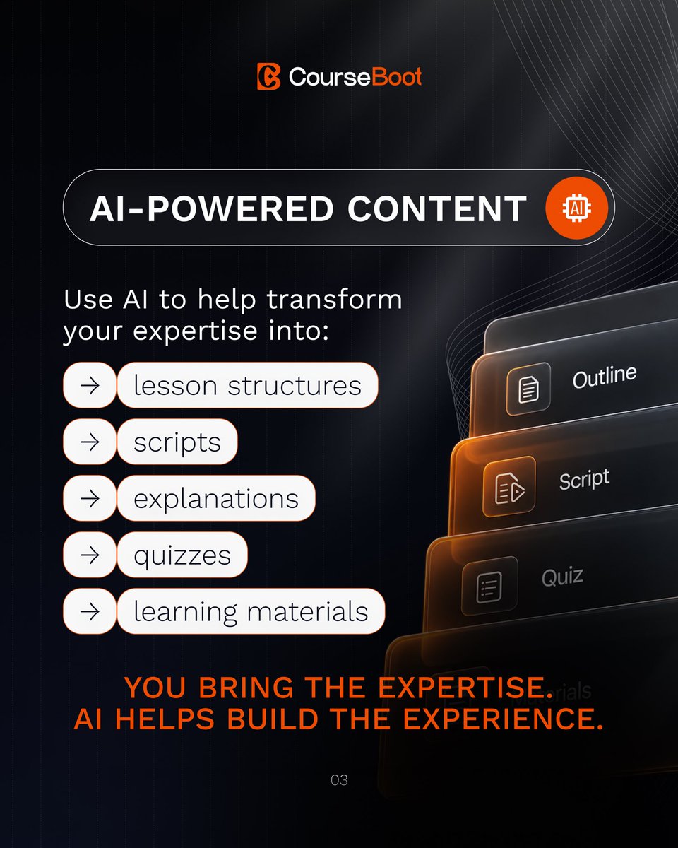 CourseBoot's tweet photo. One idea can become a course, community, practice, mentorship, certification and so much more.

AI makes it easier to build the whole learning experience.

You bring the expertise.
 We help you turn it into something people can learn from. 🤖

CourseBoot 🚀 https://t.co/ZyXelVr2Tn