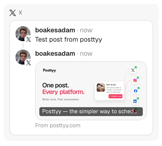 boakesadam's tweet photo. Posttyy now supports X cards, so you can see EXACTLY how your link posts will look before you post.

We are COOKING! https://t.co/vQpt773pdr